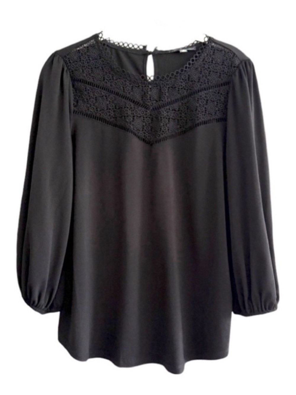 Adrianna Papell Crochet Detail Blouse Balloon Sleeve Black Size M